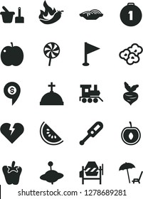 Solid Black Vector Icon Set - pennant vector, electronic thermometer e, toy sand set, baby train, yule, concrete mixer, broken heart, slices of onion, peper, lollipop, popcorn, apple, half cherry