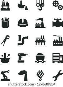 Solid Black Vector Icon Set - hook vector, winch, gears, adjustable wrench, cordless drill, buildings, construction helmet, sea port, valve, water pipes, manufacture, factory, industrial building