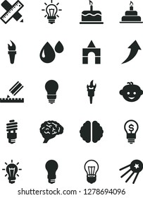 Solid Black Vector Icon Set - children's hairdo vector, box of bricks, birthday cake, bulb, writing accessories, drawing, light, drop, energy saving, brain, flame torch, arrow up, idea