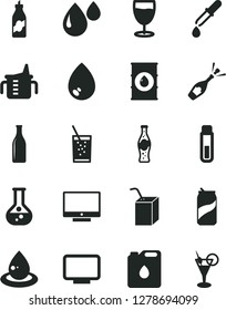 Solid Black Vector Icon Set - measuring cup for feeding vector, packing of juice with a straw, drop, screen, glass soda, can, bottle, liquor, flask, oil, canister, monitor, test tube, pipette