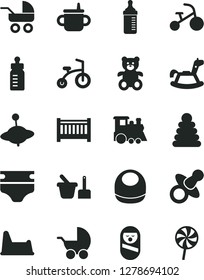 Solid Black Vector Icon Set - baby cot vector, dummy, mug for feeding, bottle, measuring, diaper, bib, stroller, carriage, stacking rings, roly poly doll, toy sand set, potty chair, teddy bear, yule