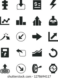 Solid Black Vector Icon Set - lightning vector, right direction, counterclockwise, bar chart, graph, growth, dangers, left bottom arrow, put in a box, move down, crisis, article on the dollar