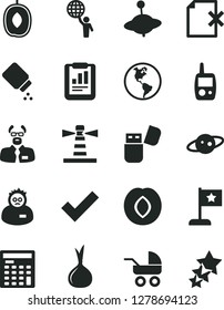 Solid Black Vector Icon Set - check mark vector, baby powder, carriage, toy mobile phone, yule, delete page, plum, delicious, onion, planet Earth, lighthouse, statistical report, engineer calculator