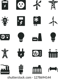 Solid Black Vector Icon Set - matte light bulb vector, dangers, charging battery, windmill, wind energy, hydroelectricity, power line, pole, plug, socket, industrial building, thermal plant, saving