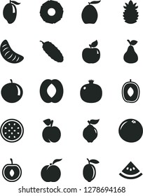 Solid Black Vector Icon Set - cucumber vector, pear, peach, ripe, pomegranate, quince, apricot, mango, loquat, delicious plum, half, tangerine, slice of, cherry, lemon, passion fruit, pineapple