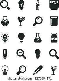 Solid Black Vector Icon Set - matte light bulb vector, incandescent lamp, magnifier, zoom out, mercury thermometer, a glass of tea, cocktail, bottle soda, jam, jar, round flask