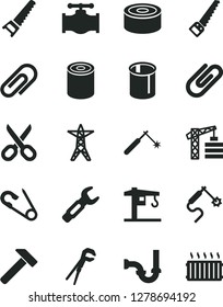 Solid Black Vector Icon Set - scissors vector, clip, open pin, crane, tower, adjustable wrench, hand saw, arm, sewerage, hammer, canned goods, tin, valve, power line, pipes, welding, gas