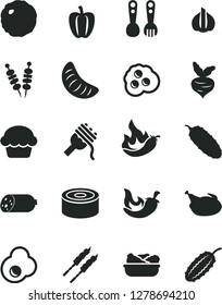 Solid Black Vector Icon Set - plastic fork spoons vector, sausage, canned goods, fried vegetables on sticks, spaghetti, cake, lettuce in a plate, chicken, barbecue, cabbage, cucumber, chili, egg