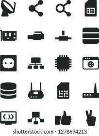Solid Black Vector Icon Set - power socket type f vector, thumb up, satellite dish, SIM card, connection, connections, scheme, hierarchical, cpu, pc, router, browser, connect, coding, lan connector