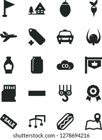 Solid Black Vector Icon Set - minus vector, add label, pennant, toys over the cot, winch hook, car, Hot Dog, bottle, tamarillo, physalis, radish, CO2, jar, vintage sign, season sale, sd card, medal