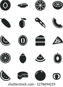 Solid Black Vector Icon Set - stationery knife vector, cheese, piece of pizza, slices onion, cake, cucumber, orange slice, plum, melon, water, delicious, half, lemon, tamarillo, grapefruit, tomato