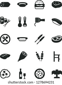 Solid Black Vector Icon Set - a chair for feeding vector, plastic fork spoons, sausage, fried vegetables on sticks, pizza, mini hot dog, burger, noodles, plate, grill chicken leg, bacon, chop, wine