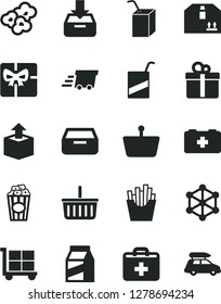 Solid Black Vector Icon Set - cargo trolley vector, grocery basket, first aid kit, bag of a paramedic, e, packing juice with straw, put in box, drawer, cardboard, gift, package, unpacking, popcorn