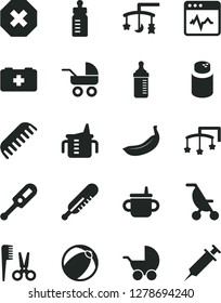 Solid Black Vector Icon Set - mark of injury vector, toys over the cradle, cot, mug for feeding, measuring cup, bottle, powder, baby stroller, carriage, summer, electronic thermometer e, mercury