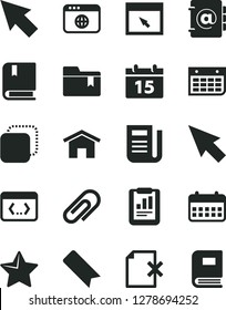 Solid Black Vector Icon Set - clip vector, bookmark, folder, e, home, calendar, star, address book, delete page, copy, statistical report, wall, newspaper, browser, coding, cursor