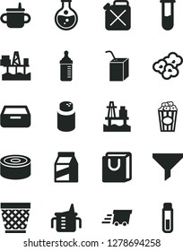 Solid Black Vector Icon Set - wicker pot vector, mug for feeding, measuring cup, bottle, powder, packing of juice with a straw, drawer, bag handles, package, canned goods, popcorn, sea port, filter