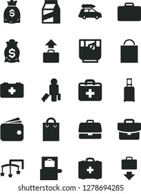 Solid Black Vector Icon Set - paper bag vector, first aid kit, toys over the cot, of a paramedic, medical, suitcase, package, glass tea, briefcase, wallet, dollars, money, car baggage, passenger