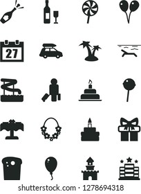 Solid Black Vector Icon Set - daily calendar vector, colored air balloons, balloon, birthday cake, Easter, Chupa Chups, lollipop, gift, sand castle, wine, champagne, car baggage, passenger, beach
