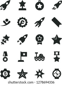 Solid Black Vector Icon Set - bookmark vector, star gear, rocket, space, lunar rover, bang, reward, medal, flag, hero, dollar, three stars, flying man, starfish, compass