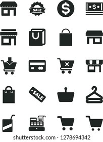 Solid Black Vector Icon Set - paper bag vector, e, put in cart, crossed, with handles, kiosk, hanger, stall, shopping, basket, reverse side of a bank card, dollar, cash, machine, season sale, store