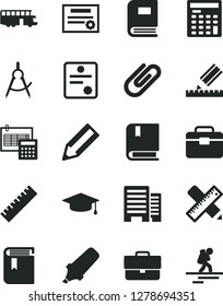 Solid Black Vector Icon Set - briefcase vector, yardstick, book, e, portfolio, buildings, writing accessories, drawing, calculation, clip, scribed compasses, pencil, text highlighter, patente, bus