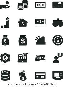 Solid Black Vector Icon Set - coins vector, reverse side of a bank card, front the, column, catch coin, purse, money, dollars, cash, dollar, machine, cashbox, bag hand, mortgage, pedestal, gear, atm