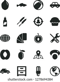 Solid Black Vector Icon Set - baby bath ball vector, motor vehicle, small tools, sample of colour, map, nightstand, cake, barbecue, fish, liquor, half peach, cherry, lemon, lime, mashroom, retro car