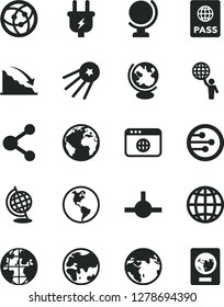 Solid Black Vector Icon Set - sign of the planet vector, globe, earth, passport, plug, connection, recession, network, browser, connect, man hold world, first satellite