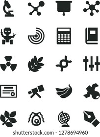 Solid Black Vector Icon Set - bananas vector, microscope, telescope, molecule, nuclear, dna, settings, satellite, bactery, book, globe, calculator, radar, robot, biology, presentation board, patente