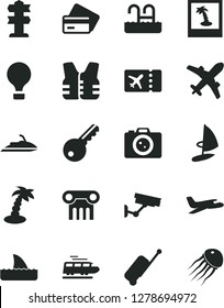 Solid Black Vector Icon Set - Plane Vector, Train, Air Balloon, Ticket, Rolling Case, Credit Card, Palm Tree, Pool, Camera, Photo, Surveillance, Key, Signpost, Life Vest, Jet Ski, Shark Fin, Column