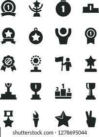 Solid Black Vector Icon Set - star vector, pedestal, flame torch, winner podium, award, cup, gold, reward, medal, man hold flag, first place, with pennant, ribbon, hero, hands up, victory hand