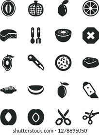 Solid Black Vector Icon Set - scissors vector, mark of injury, iron fork spoons, knife, stationery, cheese, pizza, slices onion, piece meat, half pomegranate, plum, mango, peach, melon, lemon, juicy