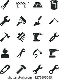 Solid Black Vector Icon Set - repair key vector, safety pin, building trowel, adjustable wrench, cordless drill, hand saw, paint roller, spatula, paving slab, road fence, hammer, with claw, builder