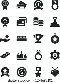 Solid Black Vector Icon Set - brick vector, cards, pedestal, coins, catch a coin, winner podium, prize, star medal, with pennant, ribbon, hero, diamond ring, gold, bar, dollar, gear, credit card