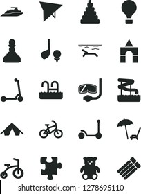 Solid Black Vector Icon Set - stacking toy vector, small teddy bear, box of bricks, child bicycle, Kick scooter, Puzzle, pawn, air balloon, hang glider, bike, tent, beach, arnchair under umbrella