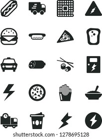 Solid Black Vector Icon Set - lightning vector, dangers, car, delivery, sausage, pizza, piece of, Hot Dog, mini, big burger, a bowl buckwheat porridge, fried potato slices, Chinese chopsticks