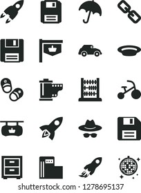 Solid Black Vector Icon Set - floppy disk vector, spectacles, hat with glasses, camera roll, bedside table, tricycle, child shoes, abacus, umbrella, plate, modern gas station, retro car, disco ball
