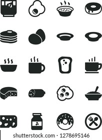 Solid Black Vector Icon Set - coffee vector, sausage, piece of cheese, eggs, cake with a hole, glazed, bowl buckwheat porridge, in saucepan, hot, plate milk, cup tea, glass, fried egg, omelette