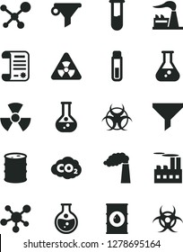 Solid Black Vector Icon Set - round flask vector, manufacture, factory, oil, barrel, industrial building, carbon dyoxide, filter, water, research article, test tube, molecule, nuclear, biohazard