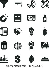 Solid Black Vector Icon Set - dollar vector, writing accessories, bulb, pedestal, liquor, half pomegranate, raspberry, mulberry, filter, hand shake, research article, usb, trash bin, oscilloscope