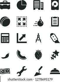 Solid Black Vector Icon Set - calculator vector, pie chart, growth, bath ball, big core, building trowel, suitcase, buildings, knife, size, tasty raspberry, slice of melon, red pepper, hdd, repair