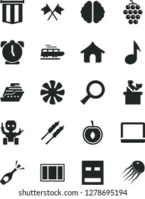 Solid Black Vector Icon Set - window frame vector, alarm clock, barbecue, large grape, half cherry, notebook pc, fan, usb, note, zoom, brain, robot, cross flags, pennant flag, champagne, train