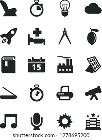 Solid Black Vector Icon Set - stopwatch vector, book, car child seat, calendar, microphone, lemon, bulb, industrial building, printer, scanner, note, cloud, telescope, drawing compass, sun panel