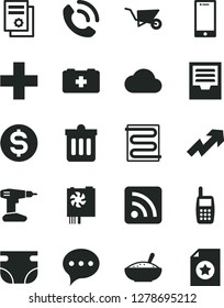 Solid Black Vector Icon Set - growth up vector, plus, rss feed, archive, nappy, bag of a paramedic, building trolley, drill, heating coil, dust bin, speech, smartphone, phone call, dollar, mobile