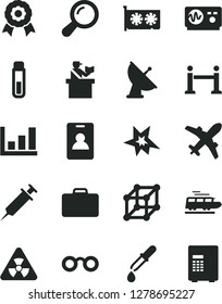 Solid Black Vector Icon Set - gpu card vector, test tube, glasses, nuclear, zoom, pipette, oscilloscope, growth graph, medal, satellite antenna, syringe, 3d cube, bang, train, rope barrier, identity