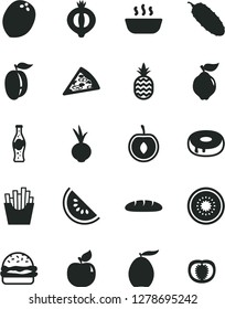 Solid Black Vector Icon Set - loaf vector, piece of pizza, burger, cake with a hole, hot porridge, cucumber, beet, French fries, bottle soda, pineapple, quince, apricot, half medlar, loquat, cherry