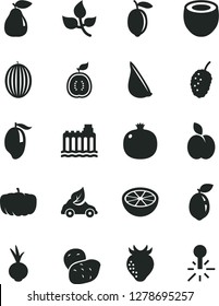 Solid Black Vector Icon Set - beet vector, garlic, apple, pomegranate, pear, strawberry, tasty mulberry, melon, mango, lemon, sour lime, half of guawa, coconut, grapefruit, potato, pumpkin, leaves