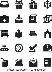 Solid Black Vector Icon Set - cargo trolley vector, first aid kit, packing of juice with a straw, box bricks, received letter, put in, drawer, bag handles, cardboard, gift, unpacking, pizza, cashbox