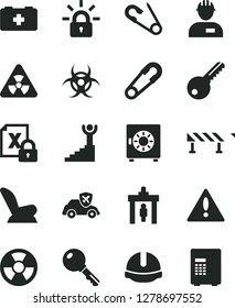 Solid Black Vector Icon Set - warning vector, car child seat, safety pin, open, bag of a paramedic, workman, key, construction helmet, road fence, strongbox, radiation hazard, autopilot, encrypting