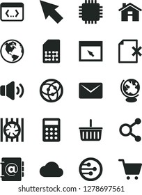 Solid Black Vector Icon Set - house vector, grocery basket, volume, address book, delete page, SIM, connections, calculator, radiator fan, cpu, network, browser, coding, mail, cursor, cloud, globe